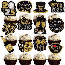 Pakuotė iš 12 laimingų Naujųjų metų Cupcake Toppers, juoda aukso blizgučiai 2023 Naujųjų metų tortas ženklas apdaila Sveiki 2023 Cupcake Picks Naujųjų metų išvakarių šalis deserto apdaila