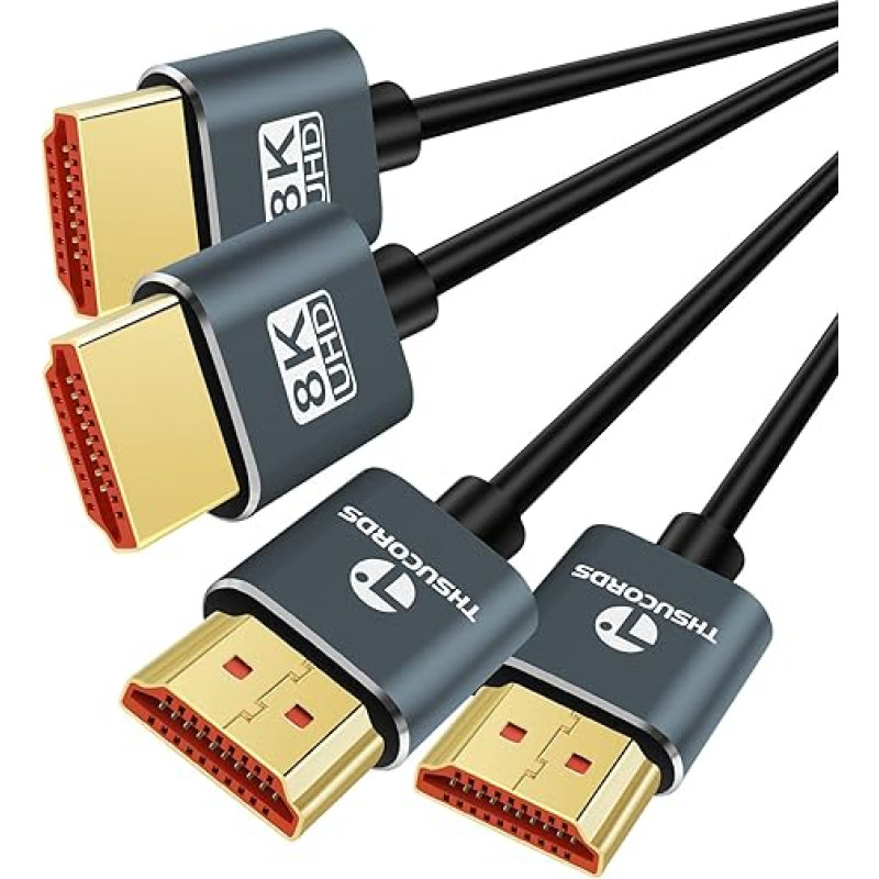 Thsucords itin plonas 8K 4K HDMI kabelis 5 m, 2 vnt., plonas, lankstus, minkštas, didelės spartos HDMI 2.1 palaikymas 4K@120Hz 8K@60Hz 48Gbps, suderinamas su Roku TV/HDTV/PS5/Blu-ray