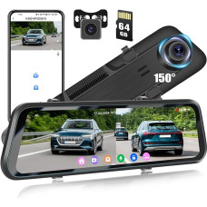 CAMECHO 12 Inch Mirror Dashcam 4K Dual Rear View Mirror GPS Car Camera with Rear View Camera and 64GB TF Card with HD Touchscreen WiFi BSD ADAS G-Sensor 150 Degree Wide Angle Night Vision Loop