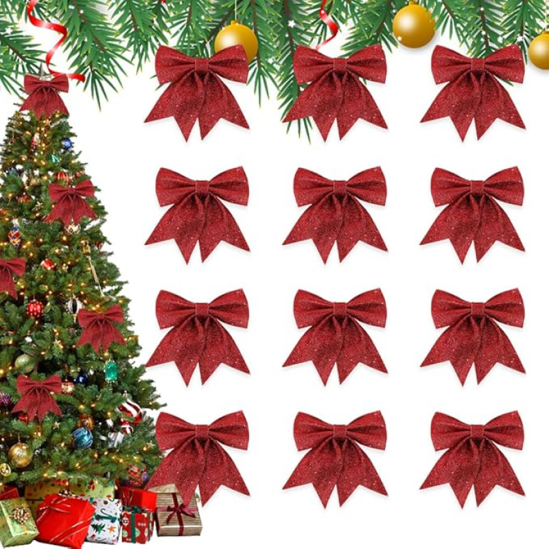 Casenly Kalėdų lankai 12 blizgučių Kalėdų lankai Kalėdų eglutės lankai Dekoratyviniai lankai Kalėdų eglutės dekoravimui, vestuvėms, vakarėliams, dovanų dekoravimui Raudona