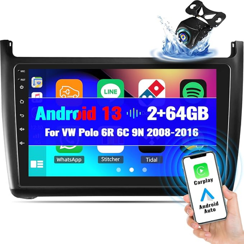 OiLiehu 2G + 64G Android 13 Automobilinis radijas 2 DIN Carplay Android automobilinis radijas skirtas VW Polo 6R 6C 9N 2008-2016 Automobilinis radijas su 9 colių ekranu su Bluetooth/FM RDS/WiFi/GPS/ galinio vaizdo kamera