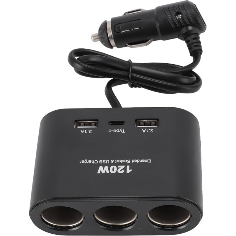 120 W 3 Steckdosen-Zigarettenanzünder-Splitter, Auto-Ladegerät-Adapter, 2 X USB- und Typ-C-Auto-Zigarettenanzünder-Stecker-Splitter, USB-Ladegerät-Verlängerungskabel-Verlängerung