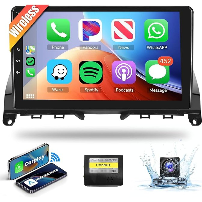 Podofo 9 colių automobilinis radijas Mercedes C klasei W204 S204 2007-2014 Carplay belaidis Android automobilinis HI FI Bluetooth su ekranu su navigacija AHD atbulinės eigos kamera Bluetooth RDS/FM radijas DVR funkcija