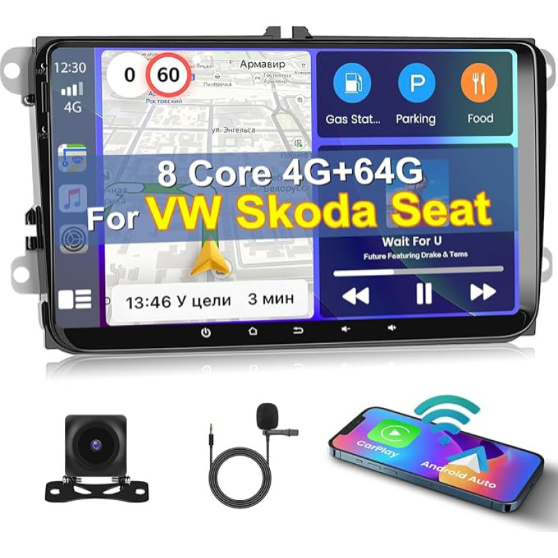 [8 Core 4G + 64G] Inefala Android 13 automobilinis radijas 2 DIN VW Golf Polo Tiguan Caddy Touran, 9 colių jutiklinis ekranas su belaidžiu Carplay Android automobiliu, BT GPS WiFi 59UI RDS FM Mic atbulinės eigos kamera