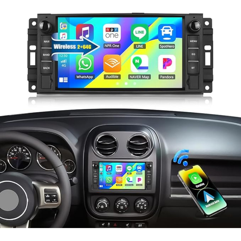 2+64G CAMECHO Android 13 automobilinis radijas Chevrolet/Chrysler/Jeep/Dodge 2007-2011 m. su Navi Carplay Android Car, radijas Double DIN su 7 colių ekranu, Bluetooth RDS/FM MirrorLink ir USB