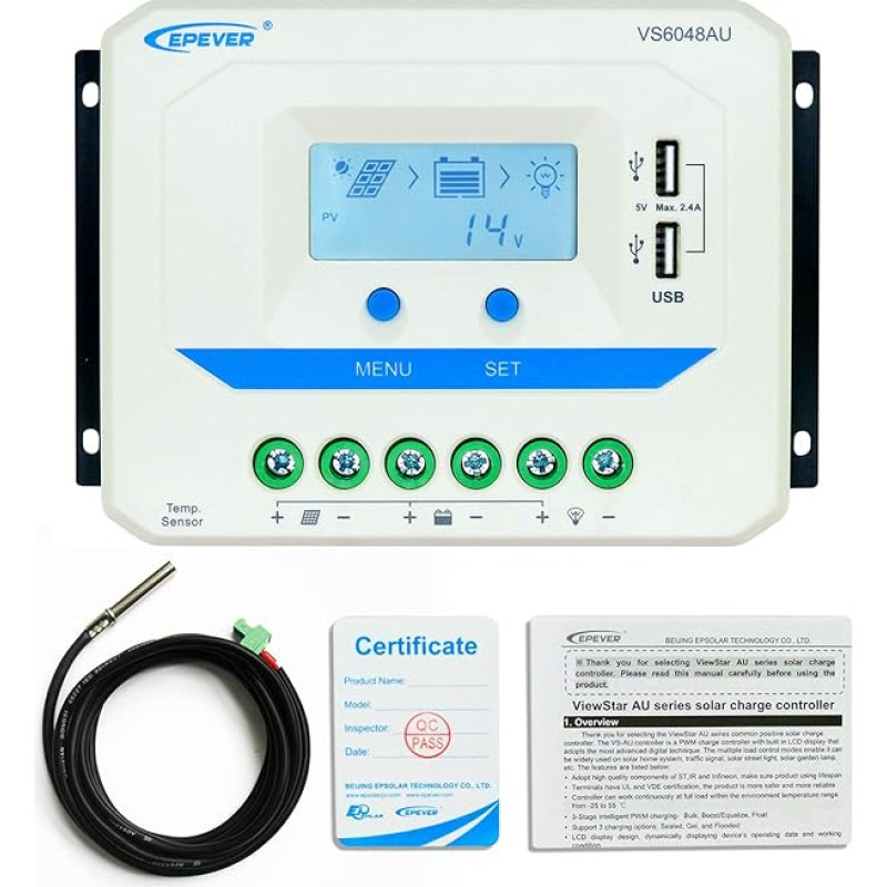 EPEVER 60 A PWM Solarladeregler 12 V/24 V/36 V/48 V, automatische Arbeit mit Dual-USB-Ausgang, mit LCD-Display für Solarpanel, Laderegler, Reglersystem (60 A, VS6048AU)