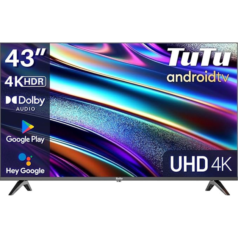 TuTu Smart TV 43 Inch (108 cm) 4K UHD LED TV Android TV with Wi-Fi, HDR, Triple Tuner DVB-C/S/S2/T/T2, Bluetooth, Prime Video, Netflix, YouTube, DAZN, Disney+, TUS43UQ1A