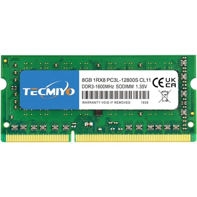 TECMIYO Ram 1RX8 PC3L 12800S 8GB DDR3 1600 RAM (1x8GB) 1.35V/1.5V PC3-12800s DDR3 1600MHz SODIMM CL11 Non-ECC Unbuffered Laptop RAM atmintis skirta Apple MacBook Pro iMac Mac Mini