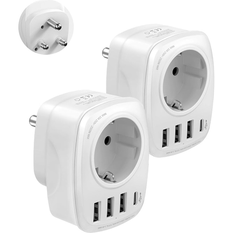 2PC Germany to South Africa adapter, travel adapter type M with 3 USB and 1USBC, socket adapter for South Africa Namibia, Lesotho, Mozambique