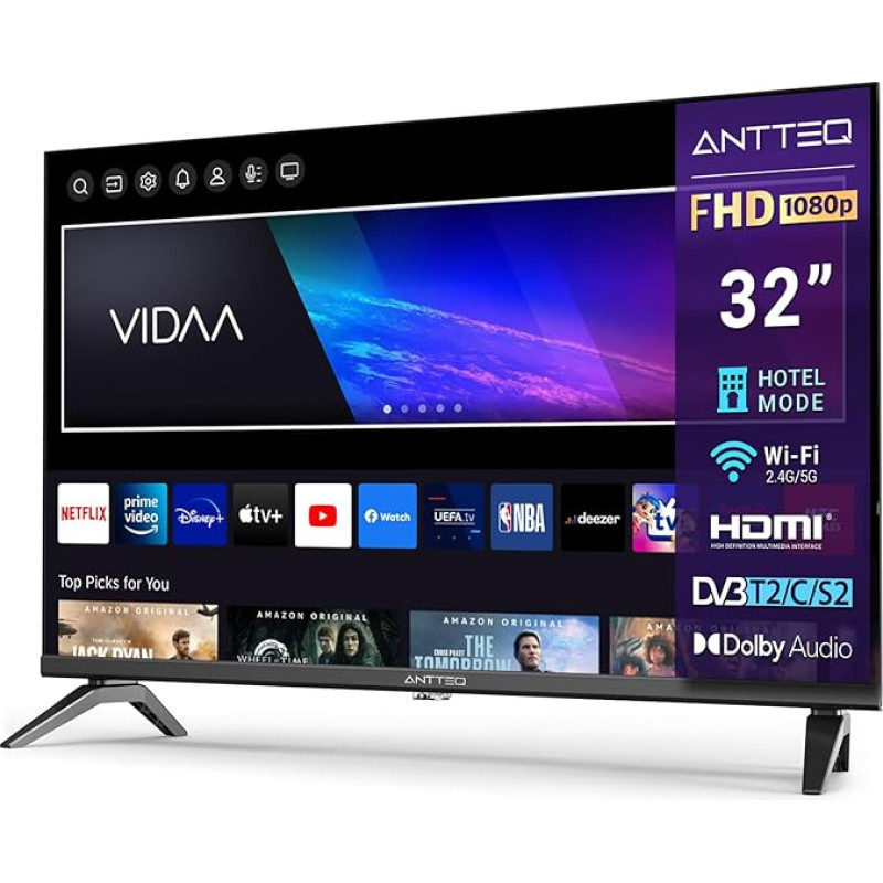 Antteq L32-AVF3N1 TV 32 Inch (81 cm) Smart TV, FHD, Dolby Audio, Triple Tuner (DVB-T2/S2/C), App Store, Netflix, Prime Video, DAZN, UVM, Wifi, Hotel Mode, 2024