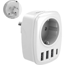 VINTAR Adapter Australia, 5-in-1 Adaptor China Germany Plug with 3 USB Ports and 1 USB C Port, Suitable for Australia, China, New Zealand Travel Adapter, White, Type I