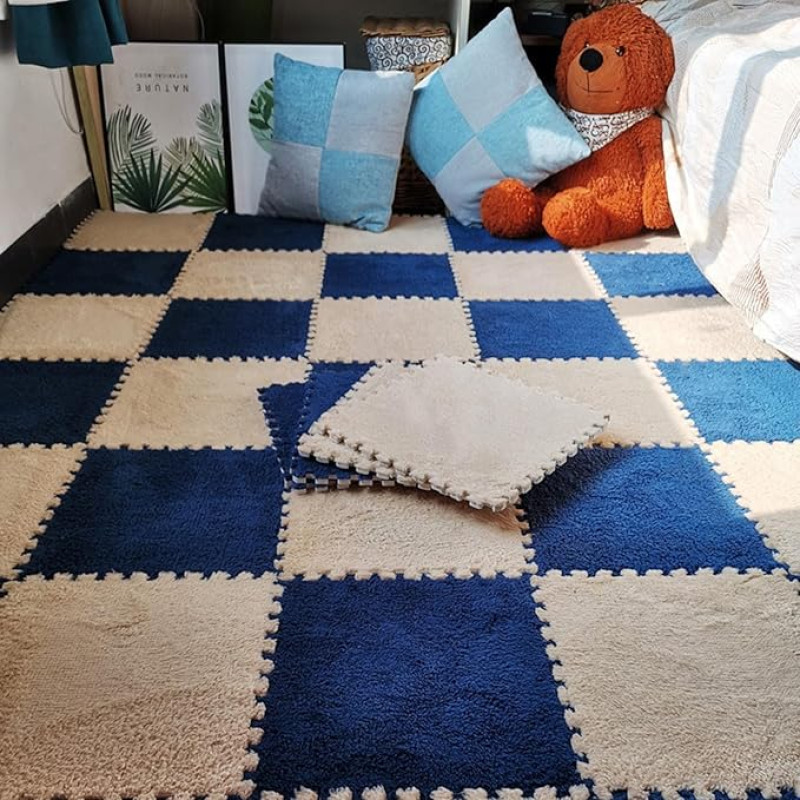 CucCe Plüsch Schaum Fußmatten Plüschschaum-Bodenmatte, Schaumstoff-Puzzleteppich, Heimdekoration, 18 Fliesen, ineinandergreifender Plüschteppich, Kletterteppiche Schaumteppich(Navy Blue+Apricot)