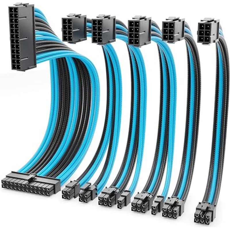 deleyCON Maitinimo kabelio prailginimo rinkinys 6 vnt. 30 cm grafinės plokštės kompiuterio motininė plokštė ATX 24 kontaktų EPS 4+4 kontaktų PCI Express 6+2 kontaktų ir 6 kontaktų maitinimo kabelis nuo vyriško iki moteriško juodai mėlynas