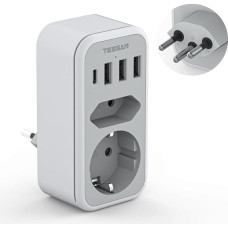 TESSAN Switzerland Germany, 6-in-1 socket adapter Switzerland with 1 USB C and 3 USB A, 2500 W travel adapter Switzerland, adapter for Liechtenstein, Jordan, Switzerland, Madagascar, travel plug type