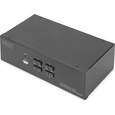 DIGITUS KVM perjungiklis DisplayPort - 4 prievadų dvigubas ekranas - 4 kompiuteriai 2 monitoriai - 1x pelė, klaviatūra ir garsas 4 kompiuteriams - UHD 4K@60Hz (3840 x 2160p) - karštųjų klavišų jungiklis - 1x USB 2.0 šakotuvas - juodas