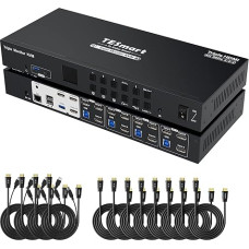 TESmart USB 3.0 4 prievadų trijų monitorių HDMI KVM jungiklis 4K @ 60Hz KVM jungiklis 3 monitoriai 4 kompiuteriai 3 USB 3.0 prievadai, garso išvestis, EDID emuliatorius, sparčioji klaviatūra, LAN prievadas, 4 in 3 Out KVM jungiklis su KVM kabeliais