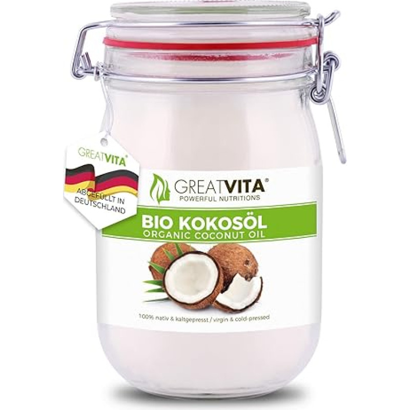 GreatVita Bio Kokosöl, natūralus ir kaltgepresinis, 1000 ml im Bügelglas zum Kochen & Backen