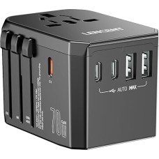 LENCENT 70W Universal Travel Adapter, GaN International Fast Charger with 3 PD3.0 Type C+2 QC USB A, Worldwide Power Adapter for Phones, Laptops, All in One Travel Essentials for EU/USA/UK/AU