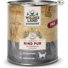 Wildes Land - Šlapias maistas šunims - PUR jautiena - 12 x 800 g - su erškėtuogių aliejumi - be grūdų - ypač didelis mėsos kiekis (70 %) - geriausias priėmimas ir suderinamumas