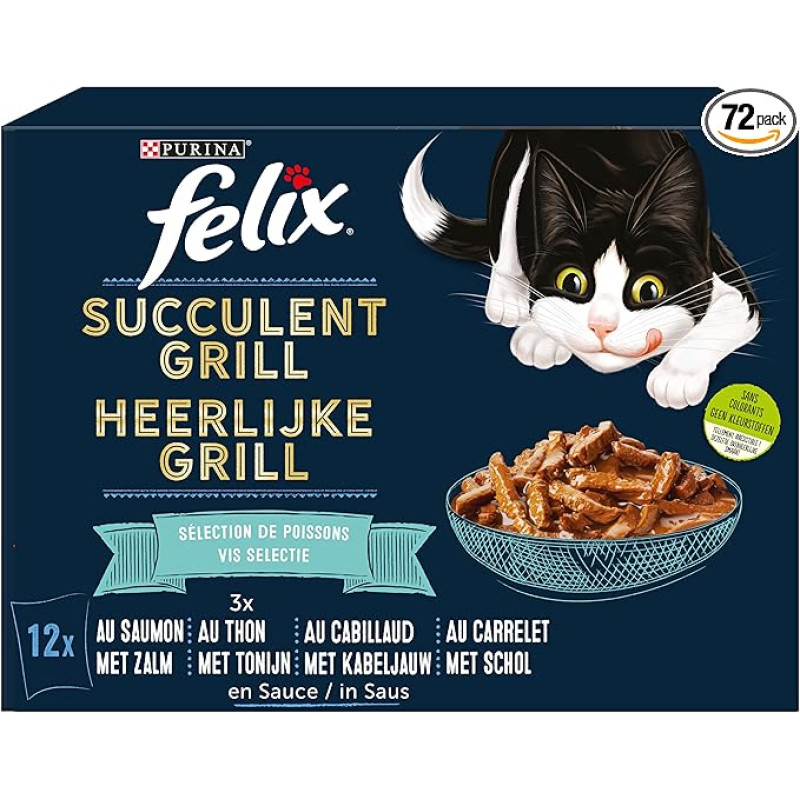 FELIX En Sauce | Suaugusioms katėms | Lašišos, tuno, menkės, karvelių pasirinkimas, 6 gabaliukai | 12 x 80g | Švieži maišeliai