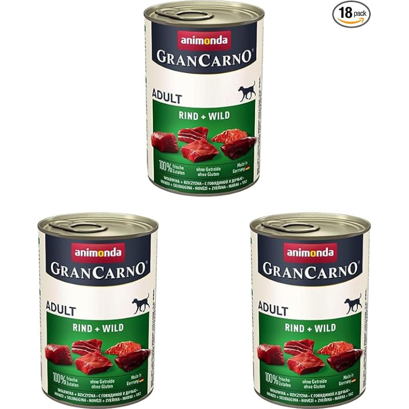 animonda Gran Carno Adult Dog Food, drėgnas maistas suaugusiems šunims, jautiena + žvėriena, 6 x 400 g (3 vnt.)