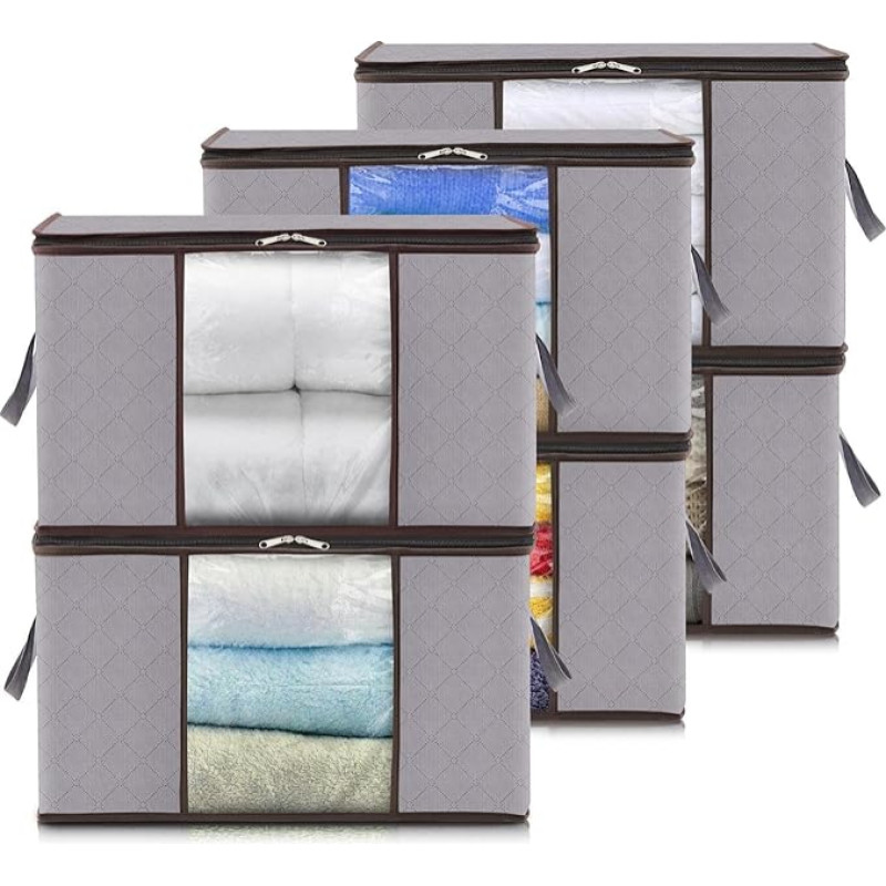 Lifewit 120L Storage Bag for Duvets, Large Storage Box with Lid, Clothing Storage, Moving Boxes with Reinforced Handle for Clothes, Clothes, Duvets, Bedding, Pack of 6, Light Grey