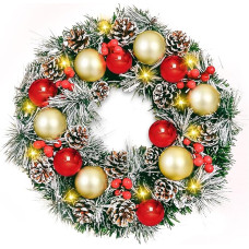 Kalėdinis vainikas, Kalėdinis durų vainikas, dirbtinis vainikas su kalėdinėmis puokštėmis, uogomis ir pušų spurgomis, advento vainikas, kalėdinė dekoracija, 40 cm skersmens, skirtas lauko durims, židiniui ir sienai