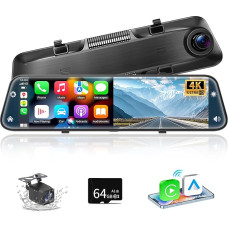 Alpinetech 10.66 Inch 4K Reversing Camera Mirror with Wireless CarPlay Android Car, Mirror Dashcam with Parking Aid Loop Recording Bluetooth Mirror Link AUX SD Card HD Touch Screen, Black
