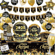 2025 m. Naujųjų metų išvakarių stalo indai, 2025 m. Naujųjų metų išvakarių puošybos stalo indų rinkinys, laimingų Naujųjų metų popierinės lėkštės, Naujųjų metų išvakarių dekoracijos su balionais 2025 m. Naujųjų metų išvakarių puošybos vakarėliui