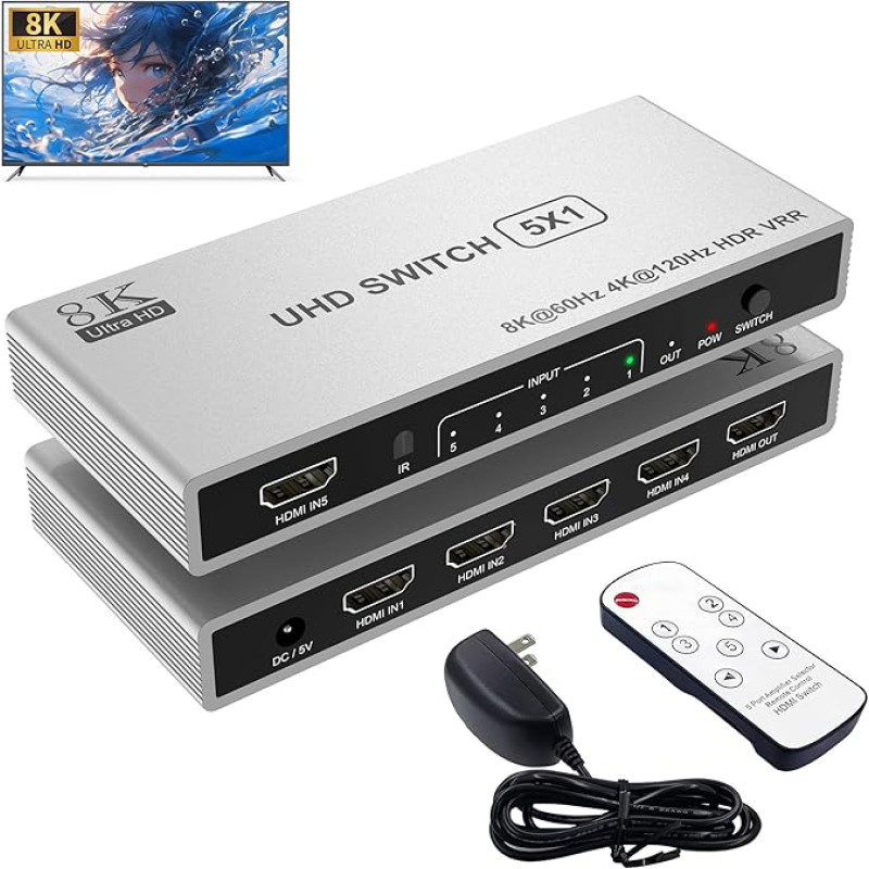 5 prievadų HDMI 8K jungiklis HDMI perjungiklis Splitter 5 in 1 Out 4K@120Hz/8K@60Hz - HDMI 2.1 jungiklis su nuotolinio valdymo pultu, 48Gbps, HDR10+, Dolby, HDCP 2.3 CEC VRR, skirtas PS5/PS4, Xbox X, televizoriui