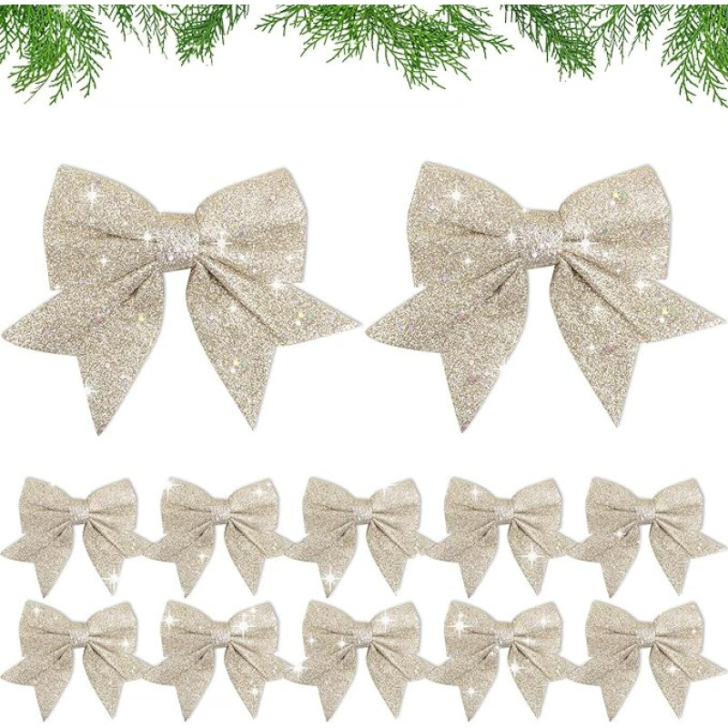 12 kalėdinių lankų pakuotė 12 x 15 cm blizgučių Kalėdų eglutės dekoracijos Kalėdų eglutei Kalėdų vainikas Kalėdų eglutės lankai (šampanas)
