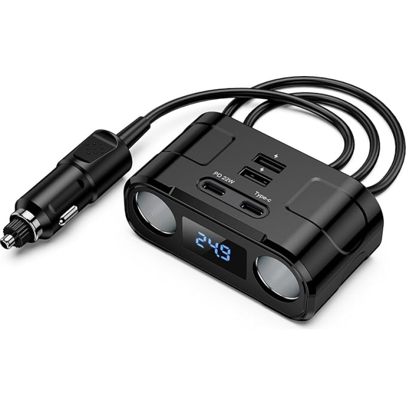 Ankilo 6 in 1 Cigarette Lighter Splitter Car Adapter Car Charger 2 Sockets 12 V/24 V Multiple Splitter DC with LED Voltmeter 2 USB Ports PD Car Charger Adapter for GPS/Dash Cam/Phone