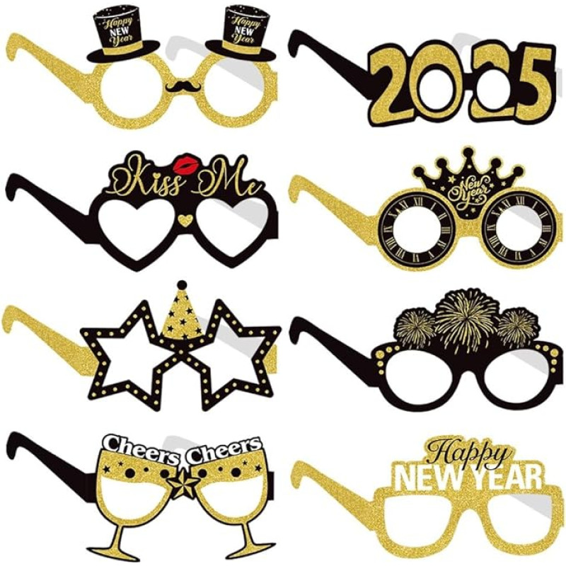 wukou Pakuotė iš 18 laimingų naujametinių stiklinių Fancy New Year Party Glasses Šventės vakarėlis, skirtas Naujųjų metų išvakarių vakarėlio dekoracijoms