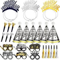Silvester-Dekorationen 2025 Partyzubehör, Happy New Year Stirnband, Silvester Party Hüte Silber, Papier Happy New Year Brillen und Party Gebläse für Kinder Erwachsene, Silvester Party Supplies