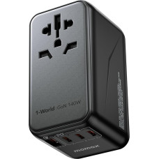 MOMAX universalus kelioninis adapteris, 140 W GaN technologija, ES / JK / JAV / JAV / JP, greitas įkrovimas iPhone, MacBook Pro, Vision Pro, pridedamas įkrovimo laidas