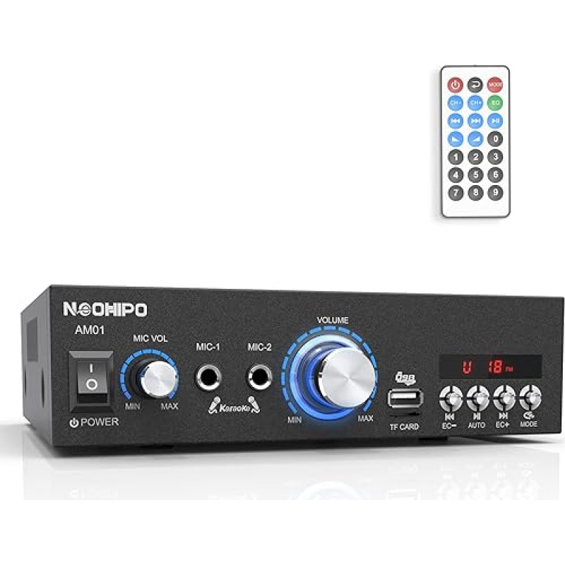 NEOHIPO Bluetooth Audio Amplifier, 2.0 Channel Hi-Fi Karaoke Amp 100W Peak Power Stereo Receiver for Home Passive Speaker, with RCA, BT, FM, USB, TF Card, 2 Microphone Input and Remote Control AM01