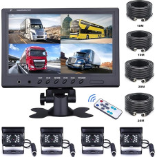 OiLiehu 9 Inch Car Rear Camera Set with 4 Split Monitor Front View View, 4 x Wired Car Camera 18 IR Night Vision with 2 x 10 m and 2 x 20 m Cables for Trucks, Motorhomes, Trailers, Bus
