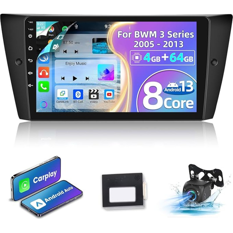 8 Core Android Car Radio for BMW 3 Series 316 318 320 325 330 2005-2013 - Wireless Carplay & Android Car - 4 + 64G 9 Inch Touchscreen DSP Radio - WiFi/GPS/SWC + AHD Rear View Camera & MIC