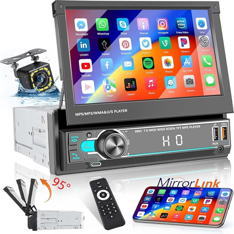 Hikity Car Radio 1 DIN Con Schermo a Scomparsa, 7Pollici Touchscreen Car Radio Stereo 1 DIN A Scomparsa Con Bluetooth Radio FM TF USB Tipo-C Mirror Link Telecamera Posteriore Controllo del Volante