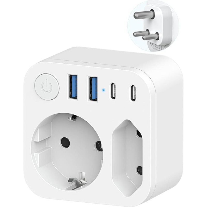 Germany to India Travel Adapter with 4 USB (2 Type C), 2 Way India Outlet Adapter, Travel Plug Adapter Schuko to Type D for Sri Lanka, India, Nepal Socket, White