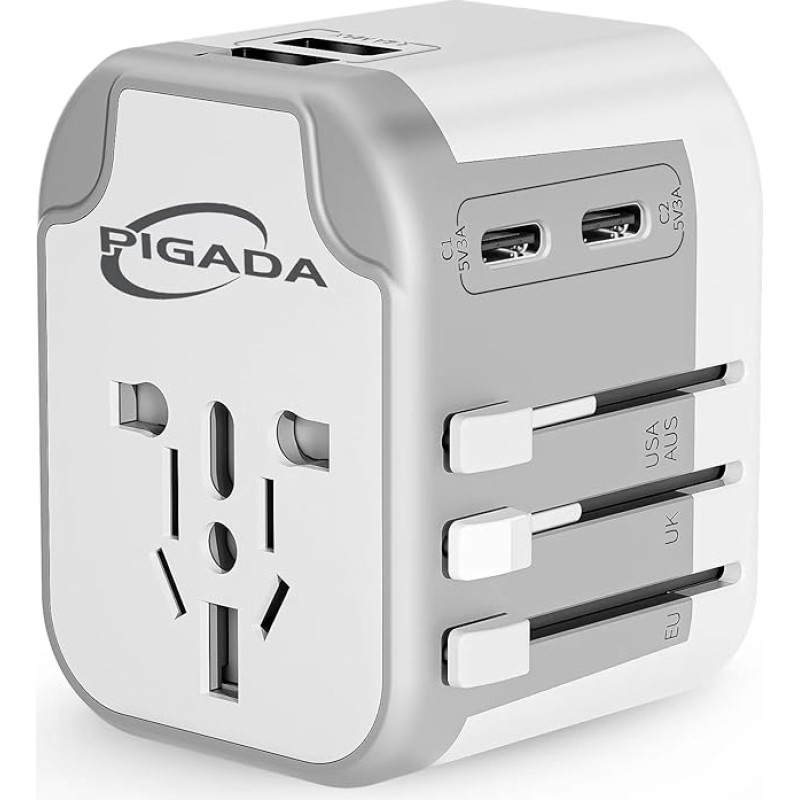 Universal Travel Adapter with 2 USB and 2 USB C, PIGADA TA01 International Socket Adapter, Travel Plug Adapter Worldwide for Germany, USA, England, Thailand, Italy, Australia