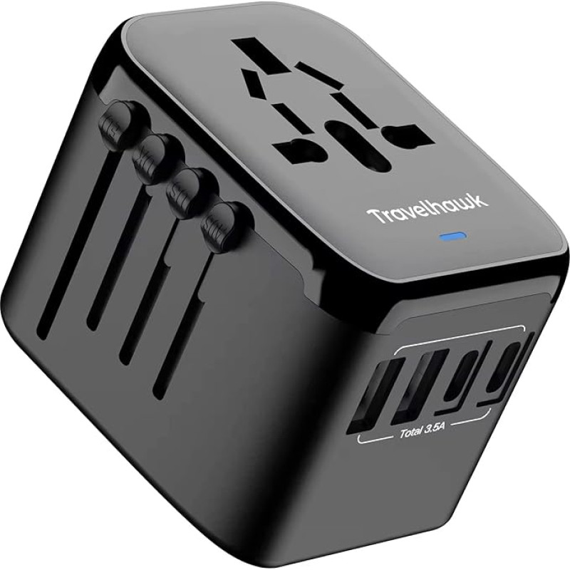 TravelHawk Travel Adapter Worldwide - Fast Charger - 35W Type G, Type A, Type D Charger USB-C 2X and USB 3X Travel Plug Socket Adapter UK, USA, Australia, Asia, South America, Africa