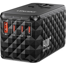 LENCENT Universal Travel Adapter 140 W Fast Charge, International Travel Plug Adapter for Type A/C/G/I (UK, EU, AU, US) Sockets, 1 USB-A & 3 Type C PD Fast Charging for Mobile Phone, Black