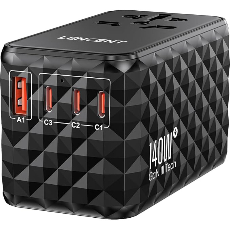 LENCENT Universal Travel Adapter 140 W Fast Charge, International Travel Plug Adapter for Type A/C/G/I (UK, EU, AU, US) Sockets, 1 USB-A & 3 Type C PD Fast Charging for Mobile Phone, Black