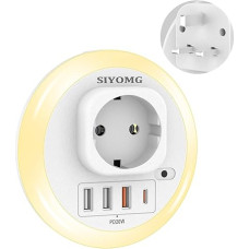 SIYOMG Travel Adapter UK to EU England Germany Plug with Night Light, 5 in 1 Socket Adapter with 2 USB, 1 QC and 1 Type-C Port for Ireland UK Wall Charger, England Adapter Socket