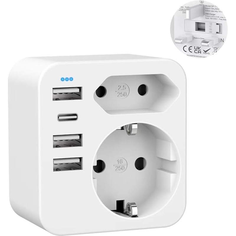 YIDODA Travel Adaptor UK Adapter England Germany Plug with 4 USB 3.4 A, England Adapter Socket, Socket Adapter, Travel Plug Power Adapter for Ireland Great Britain Wall Charger, 2 Pack