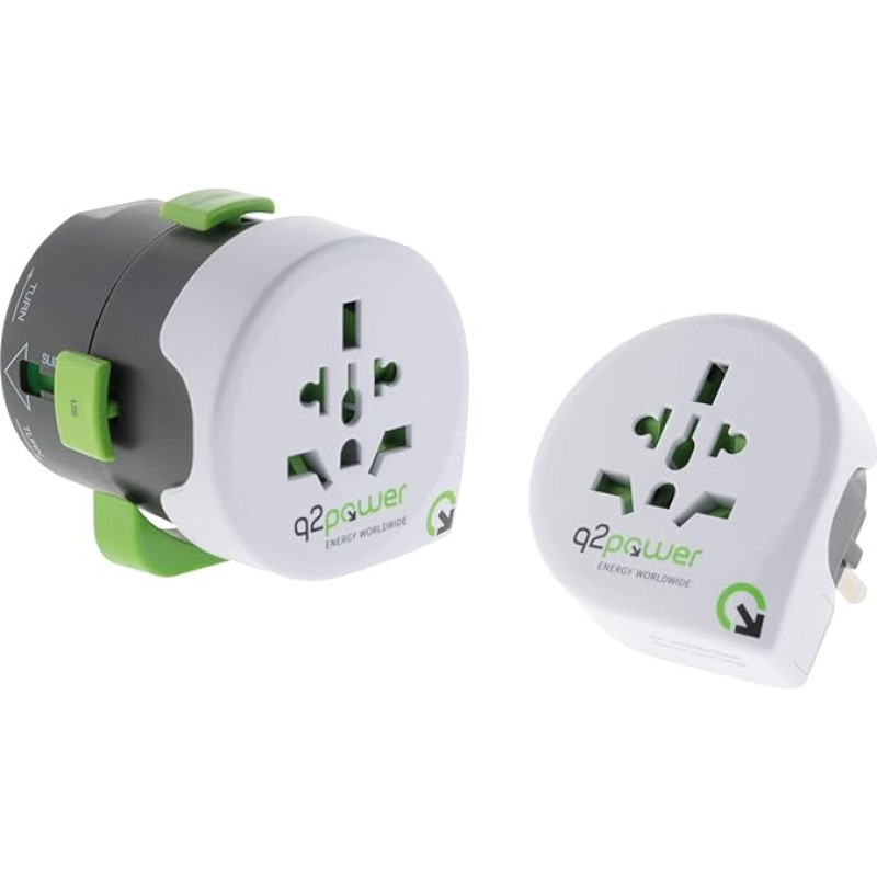 Q2 Power | Qdapter 360 USB World to Europe USB 2.1 A| Universal-Reiseadapter mit Erdungsstecker | Kid Safe Stoßschutz | Spannung und Leistung 100V—250V, 1000W/2500W