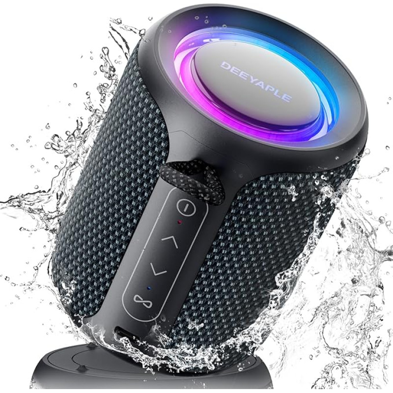 Deeyaple Bluetooth Speaker Small Portable Music Box 5.3 IPX7 Waterproof Wireless Stereo Pairing Hands-Free RGB Light for Outdoor Camping Garden Party Travel (Blue Black)