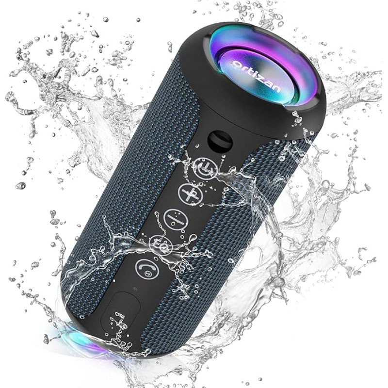 Ortizan Bluetooth Speaker, Bluetooth Box with LED Light, Portable Mini Music Box with Hands-Free Function, IPX7 Water Protection and 360° Surround Sound, Wireless Outdoor Speaker with AUX, TF