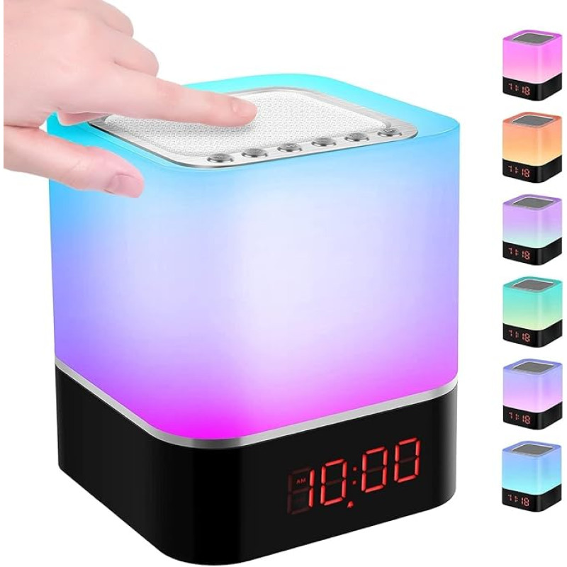 Kihhvlo Bluetooth Speaker Alarm Clock, 5 in 1 LED Bedside Lamp Touch Dimmable 7 Colours Digital MP3 Player, Speaker, with SD Card, USB and Bluetooth (Black Top) (White Top)